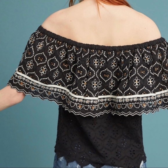 Hemant & Nandita Anthropologie Marva Off Shoulder Black Embroidered Top XS - Picture 3 of 14